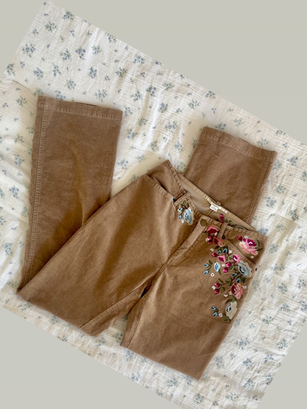 Kimchi Blue Brown Corduroy Flare Pants with Floral Embroidery - Picture 7 of 8